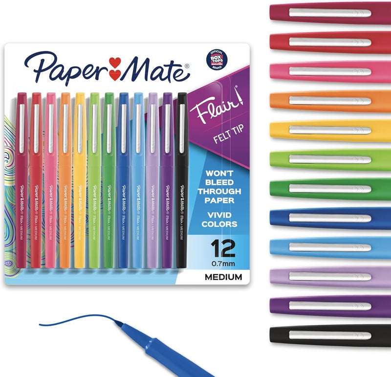 Papermate Flair Felt Tip Pens, Medium Point (0.7mm), Assorted Colors, 12 Count - For Arts & Crafts, Note-Taking, Journaling, School Supplies for Teachers & Students - Image 1